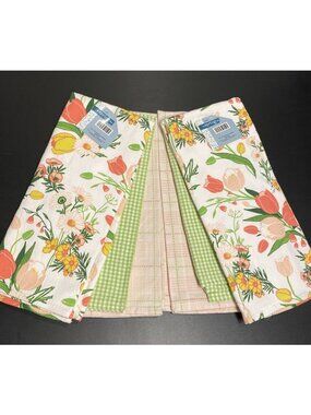 LOT of 6 Kitchen Hand Tea Towels Floral & Gingham Checkerboard Tulips Daisy Set